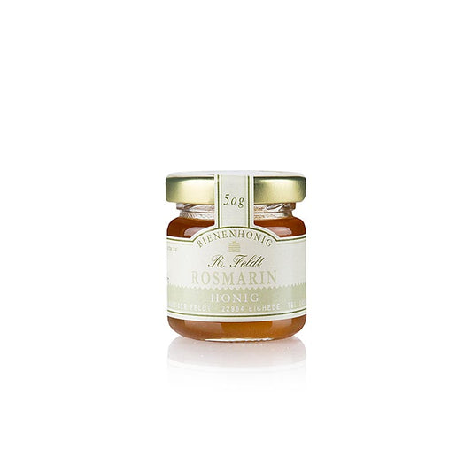 Miel de romarin de qualité supérieure en pot portion de 50g de l'apiculture Feldt, parfait pour la route Découvrez son goût unique et raffiné !