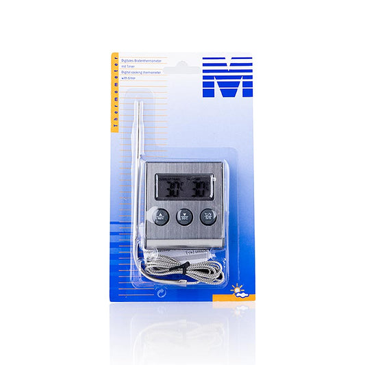 Thermomètre à rôtis numérique avec minuterie et sonde à piquer, plage de mesure -25°C à +250°C Fixation magnétique, longueur de câble 1 mètre Inclus pile 1x 1,5 V AAA