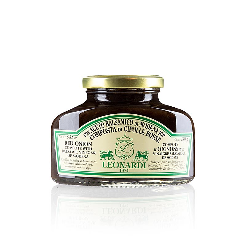 Compote d'Oignons Rouges au Vinaigre Balsamique de Modène, Leonardi, 240 g - Délicieuse combinaison d'oignons rouges sucrés et de la riche saveur du Vinaigre Balsamique de Modène, accompagnement parfait pour les plats de viande et de poisson, sur une baguette ou dans les salades, préparée avec soin par Leonardi