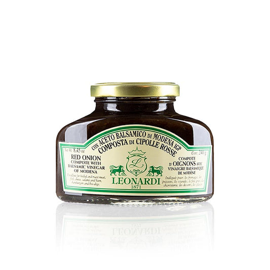 Compote d'Oignons Rouges au Vinaigre Balsamique de Modène, Leonardi, 240 g - Délicieuse combinaison d'oignons rouges sucrés et de la riche saveur du Vinaigre Balsamique de Modène, accompagnement parfait pour les plats de viande et de poisson, sur une baguette ou dans les salades, préparée avec soin par Leonardi