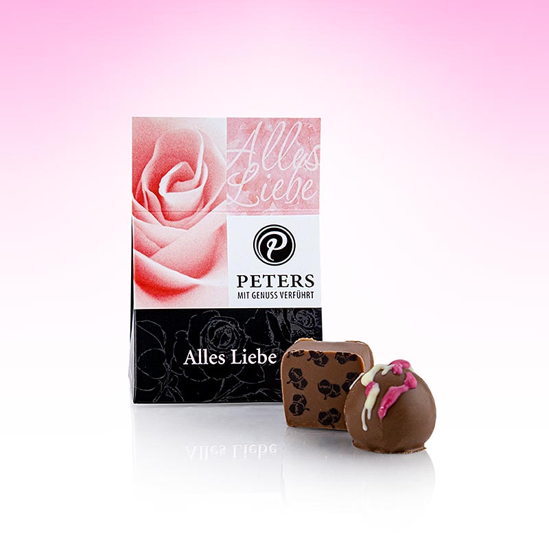 Mélange de truffes et de pralines Tout l'amour avec de l'alcool, Peters, 25 g, 2 pcs - Boîte de pralines unique en forme de fleur avec de délicieuses truffes framboise-prosecco et un praliné de rêve croustillant primé, idéal comme cadeau d'invité ou give-away