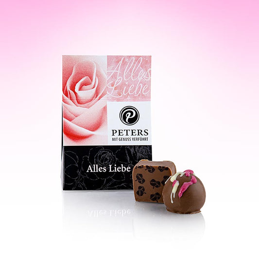 Mélange de truffes et de pralines Tout l'amour avec de l'alcool, Peters, 25 g, 2 pcs - Boîte de pralines unique en forme de fleur avec de délicieuses truffes framboise-prosecco et un praliné de rêve croustillant primé, idéal comme cadeau d'invité ou give-away