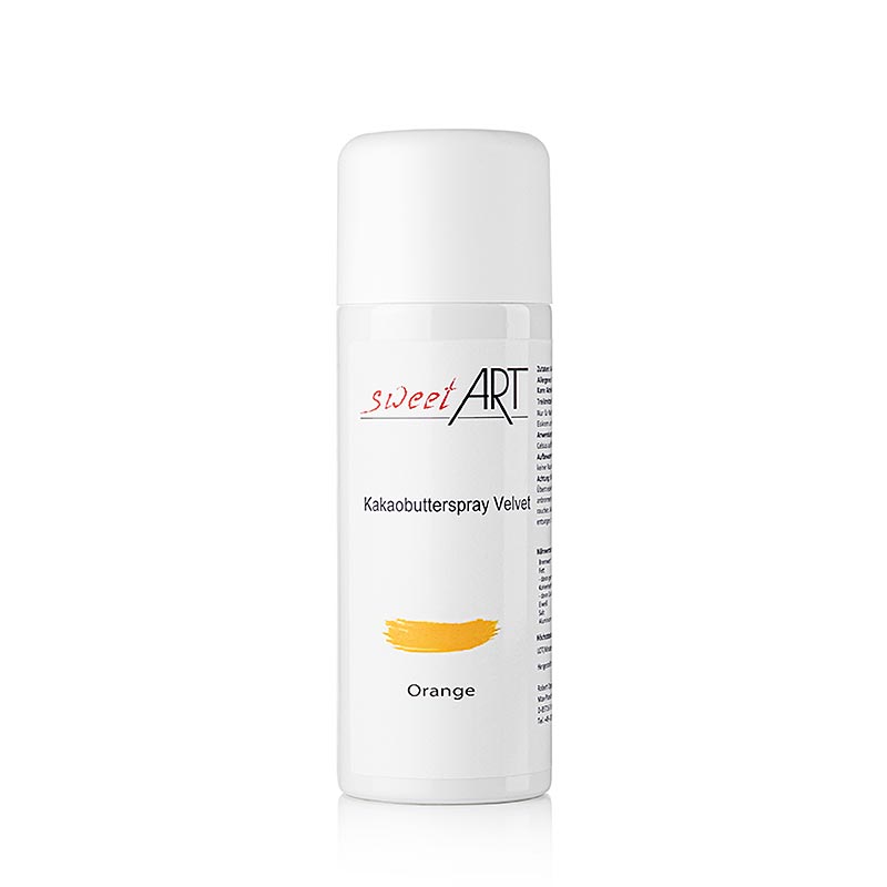 Spray beurre de cacao/colorant alimentaire de base orange, (Sweet Arts) Velvet, 400 ml - Bombe aérosol contenant du beurre de cacao crémeux et un ton orange vif pour colorer et embellir les desserts, les gâteaux et le chocolat Idéal pour les cuisiniers amateurs et les professionnels de la restauration