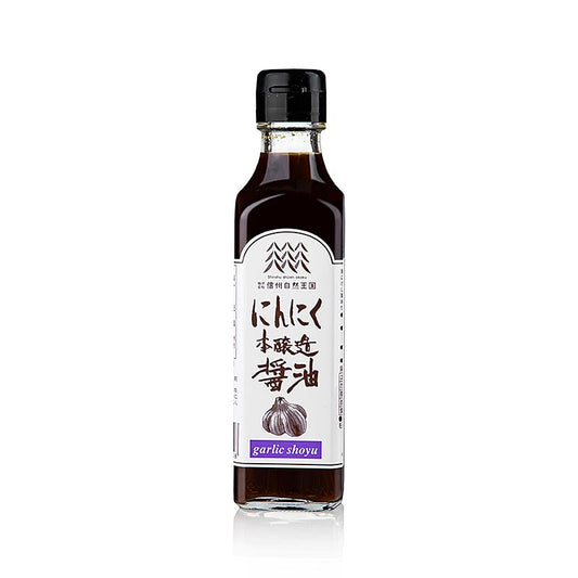 Sauce soja - Shoyu Honjyozo Ail, Shizen Okoku, 200 ml : sauce soja premium avec brassage traditionnel japonais et une touche d'ail, idéale pour les sushis, les nouilles, les marinades et les vinaigrettes Bouteille pratique de 200 ml pour les cuisiniers amateurs et professionnels