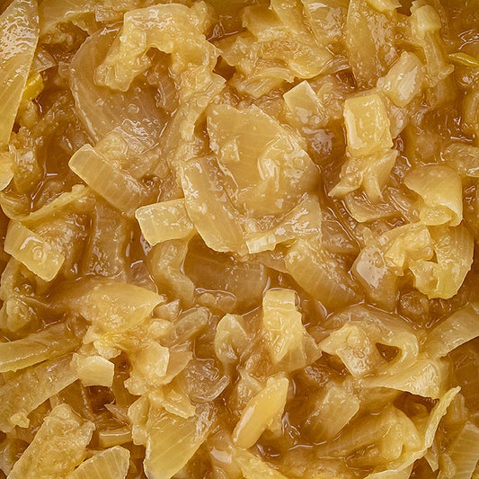 Image d'un récipient de 3 kg de lamelles d'oignons caramélisées et marinées Holzmann, idéal pour les chutneys et les pains de porc, sans amertume ni arrière-goût, Clean Label, gain de temps et aucune préparation nécessaire
