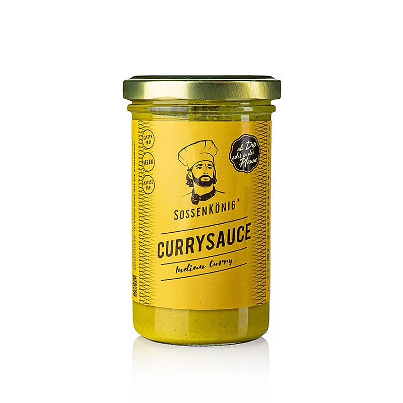 Bouteille de 250 ml de sauce curry indienne prête à l'emploi de Sossenkönig, parfaite pour les amateurs de plats épicés et pimentés, fabriquée à partir d'un mélange d'épices indiennes traditionnelles et d'ingrédients frais.