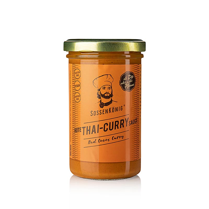 Authentique sauce au curry rouge thaïlandaise de Sossenkönig, fabriquée à partir d'ingrédients et d'épices de qualité supérieure, dont des piments rouges, de l'ail, de la citronnelle et du lait de coco, idéale pour la préparation de plats thaïlandais traditionnels.