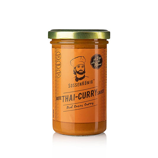 Authentique sauce au curry rouge thaïlandaise de Sossenkönig, fabriquée à partir d'ingrédients et d'épices de qualité supérieure, dont des piments rouges, de l'ail, de la citronnelle et du lait de coco, idéale pour la préparation de plats thaïlandais traditionnels.