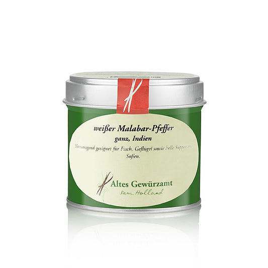 Poivre blanc de Malabar de l'Alter Gewürzamt en boîte de 80g, idéal pour les expériences culinaires