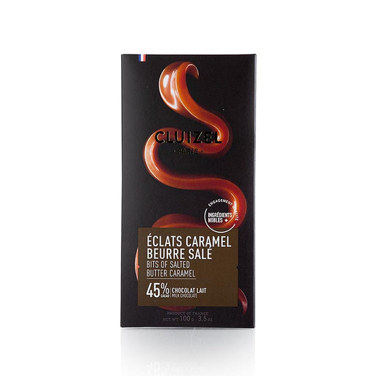 Tablette de chocolat Caramel Beurre Sale 45% Lait, Michel Cluizel (12371), 100 g - Délicieux chocolat au lait avec caramel et sel marin, emballé dans un emballage élégant