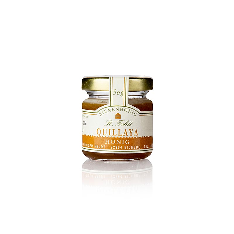 Pot de 50 g de miel de quillaya de l'apiculture Feldt, obtenu à partir du nectar de l'arbre quillaya, convient pour le thé, les toasts, le yaourt et les smoothies.
