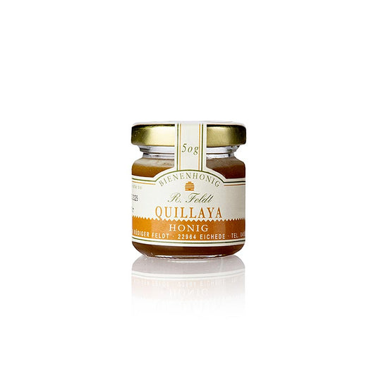 Pot de 50 g de miel de quillaya de l'apiculture Feldt, obtenu à partir du nectar de l'arbre quillaya, convient pour le thé, les toasts, le yaourt et les smoothies.