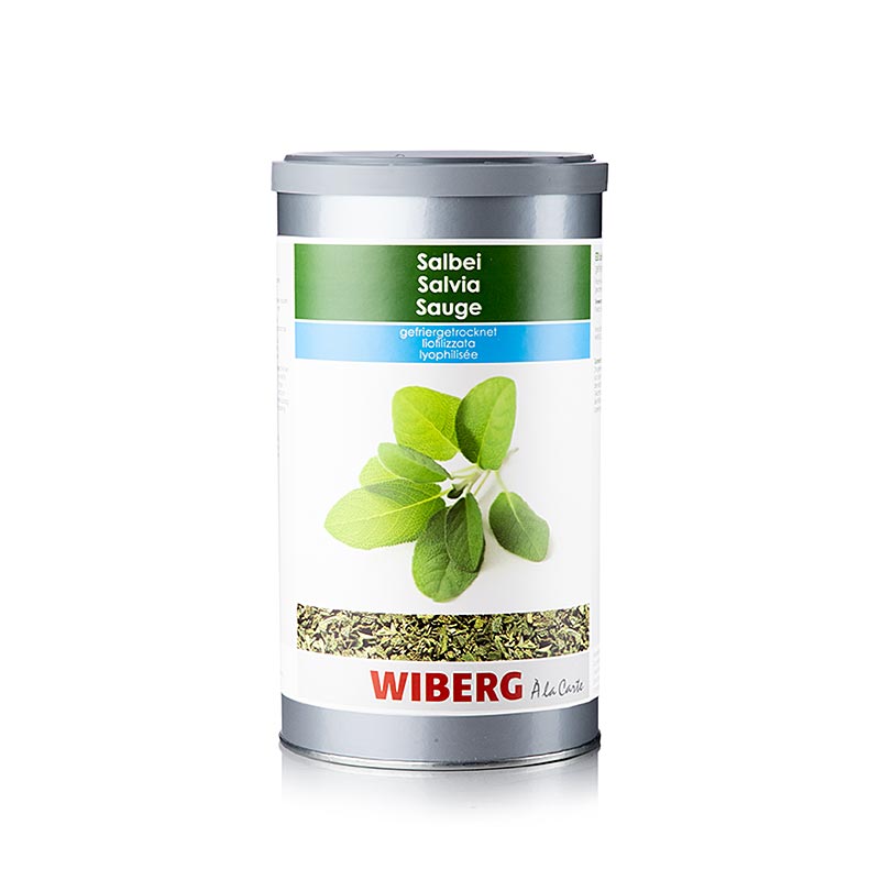 Sauge lyophilisée Wiberg en sachet de 50 g, idéale pour agrémenter les plats de viande et de poisson, les soupes et les sauces.