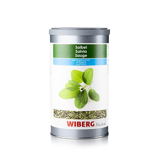 Sauge lyophilisée Wiberg en sachet de 50 g, idéale pour agrémenter les plats de viande et de poisson, les soupes et les sauces.