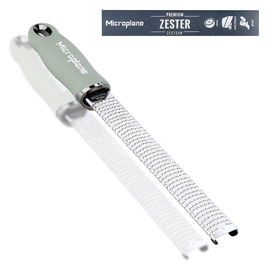 Premium Classic - Bâton, Râpe à zeste, Poignée vert sauge /soft-touch, 1 pc - Râpe de haute qualité en acier inoxydable avec poignée ergonomique soft-touch en vert sauge élégant, parfaite pour râper les zestes d'agrumes, les épices et les fromages à pâte dure, lavable au lave-vaisselle