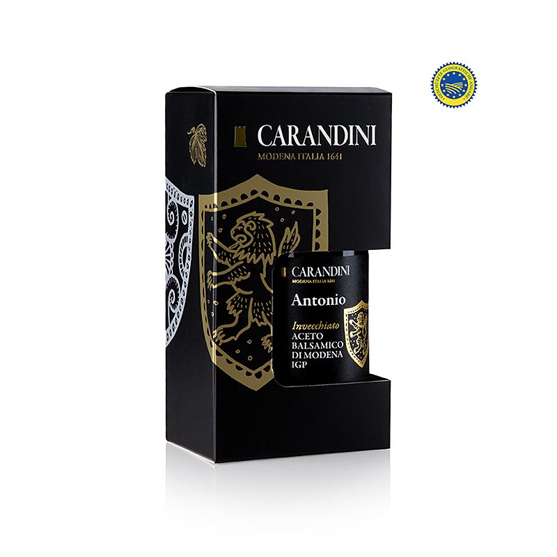 Carandini Aceto Balsamico Modena ggA, Antonio, invecchiato (coffret cadeau), 250 ml - Vinaigre balsamique de maturation traditionnelle, de couleur rouge rubis et de consistance fluide, parfait comme cadeau pour les amateurs de gastronomie ou pour agrémenter des créations gourmandes