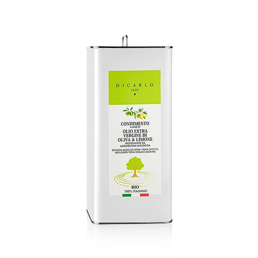 Conditionnement de 5 litres d'huile d'olive extra vierge au citron EVO Di Carlo, adapté aux cuisiniers amateurs et aux restaurateurs