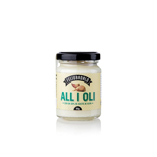 Crème d'ail avec 20% d'huile d'olive, claire, Feliubadalo, 95 g - goût authentique des allioli espagnols, accompagnement parfait des tapas et des viandes grillées, fabriqué selon une recette traditionnelle, la cuisine méditerranéenne dans l'assiette, emballage pratique de 95 g