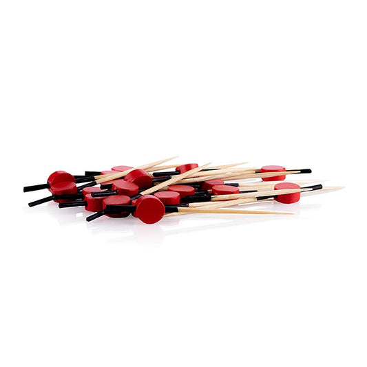 Brochettes en bambou avec extrémité colorée en noir et disque rouge, 7 cm de long, emballage de 100 pièces, idéales pour une présentation attrayante des amuse-bouches et des snacks lors de fêtes et d'événements