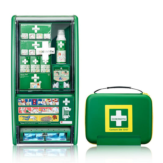 Kit de premiers secours et de brûlures de Cederroth, certifié DIN 13157, compact et facile à utiliser, idéal pour des premiers secours rapides et efficaces