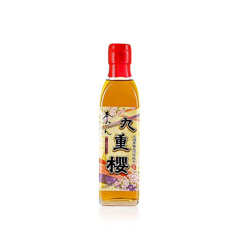 Image d'une élégante bouteille de 300 ml de Mirin Hon - Sakura de Kokonoe Mikawa du Japon, un ingrédient indispensable pour les plats traditionnels japonais, qui donne aux marinades, sauces et ragoûts un goût subtilement sucré et un bel éclat.