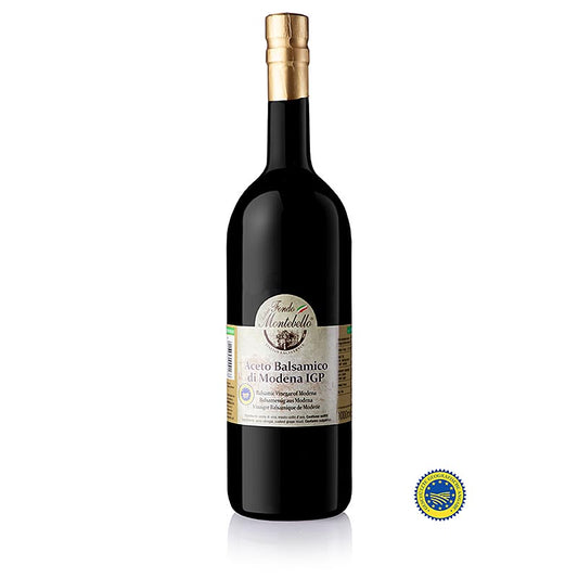 Image d'une bouteille d'un litre d'Aceto Balsamico di Modena ggA, ASR5(J8) moins doux de Fondo Montebello, produit à Modène, Italie, parfait pour les cuisiniers amateurs et professionnels pour donner de la profondeur et de la complexité à leurs plats.