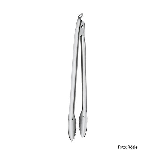 Pince à barbecue Rösle BBQ en acier inoxydable, 43 cm de long, avec un design ergonomique et des extrémités dentelées pour une prise ferme lors de la cuisson.