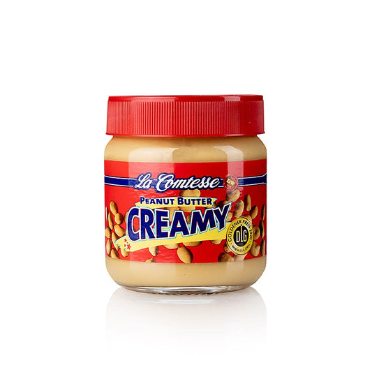 Photo d'un paquet de 350g de pâte de cacahuètes crémeuse La Comtesse, idéale à tartiner ou comme ingrédient dans les pâtisseries et les plats asiatiques Sans huiles ni conservateurs ajoutés, emballée dans un pot pratique