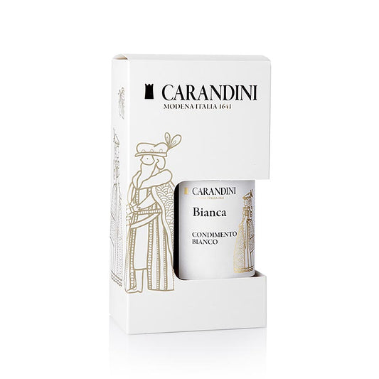 Coffret cadeau de 250 ml de Carandini Condimento Balsamico Bianco, produit à partir de raisins soigneusement sélectionnés et au goût délicat et fruité avec de subtiles notes sucrées Parfait comme cadeau pour les gourmands ou pour agrémenter les salades, les marinades et les desserts