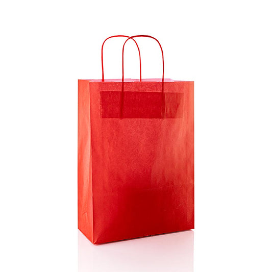 Sac en papier -M-, rouge, 220x100x310mm, 1 pc - Sac en papier rouge de taille M (220x100x310mm) pour les délicatesses et les spécialités, construction robuste en papier, facile à plier et à fermer