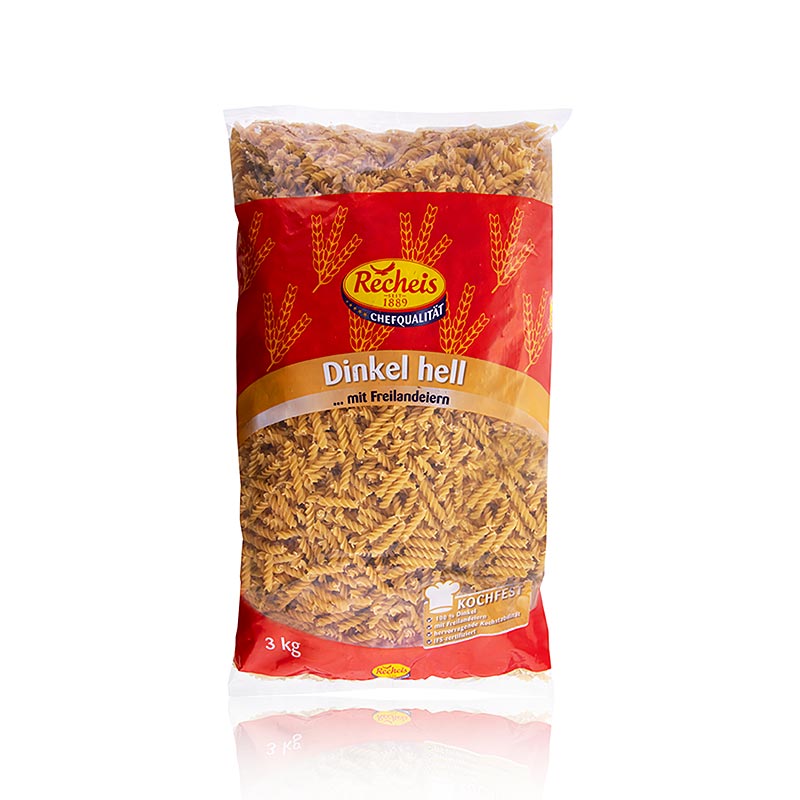 Trois kilogrammes de pâtes claires Recheis Dinkel-Dralli (Fusilli), fabriquées à partir d'épeautre de haute qualité, parfaites pour la préparation de plats délicieux - commandez dès maintenant !