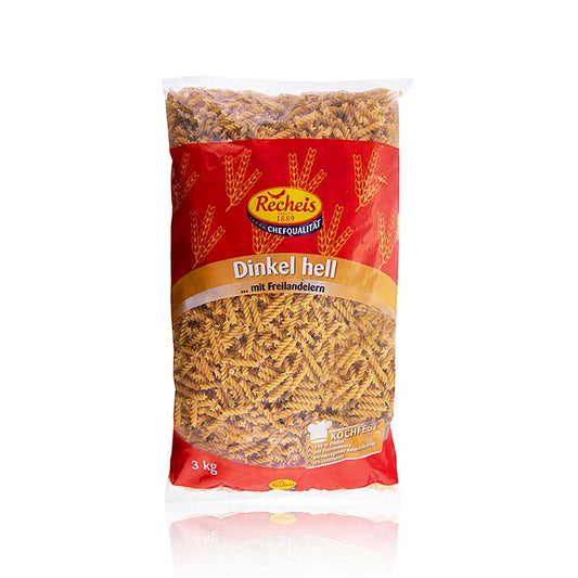 Trois kilogrammes de pâtes claires Recheis Dinkel-Dralli (Fusilli), fabriquées à partir d'épeautre de haute qualité, parfaites pour la préparation de plats délicieux - commandez dès maintenant !