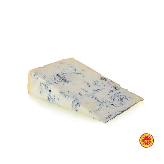 Gorgonzola Piccante (fromage bleu), AOP, Palzola, env260 g : Une roue du gorgonzola classique de Palzola, affiné pendant 100-120 jours, au persillage doux et à la consistance crémeuse, produit selon un cycle de travail en grande partie manuel et en équipe.