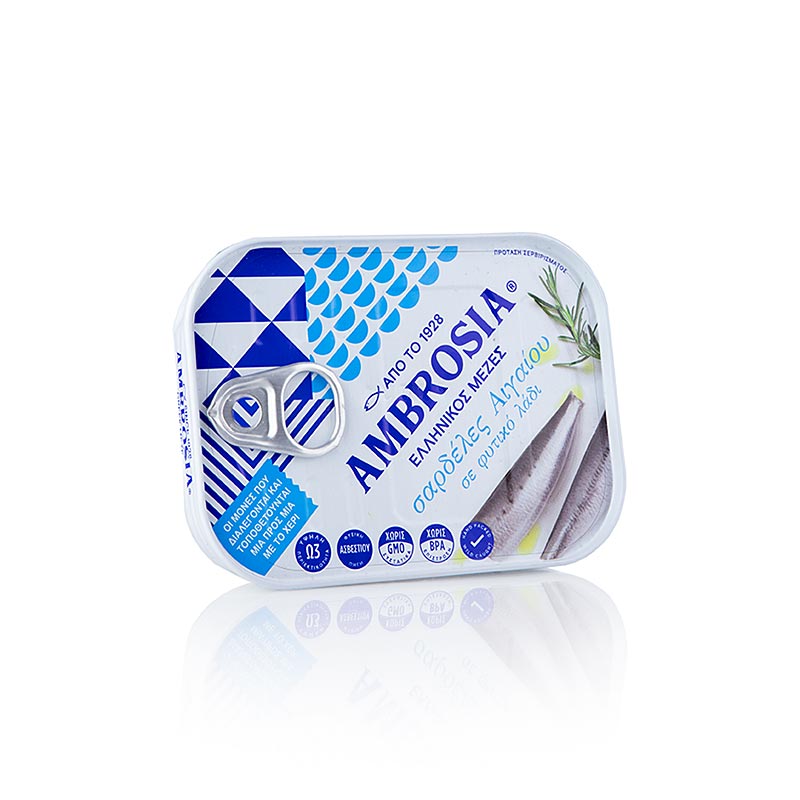 Sardines à l'huile, de la mer Égée, Ambrosia, boîte de 105 g, idéal à la maison ou en voyage - sardines de haute qualité, pêchées et conservées selon des méthodes traditionnelles, goût et texture authentiques, parfaites en entrée, dans les salades ou les plats de pâtes, riches saveurs de la Méditerranée