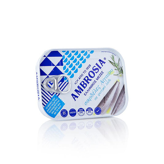 Sardines à l'huile, de la mer Égée, Ambrosia, boîte de 105 g, idéal à la maison ou en voyage - sardines de haute qualité, pêchées et conservées selon des méthodes traditionnelles, goût et texture authentiques, parfaites en entrée, dans les salades ou les plats de pâtes, riches saveurs de la Méditerranée