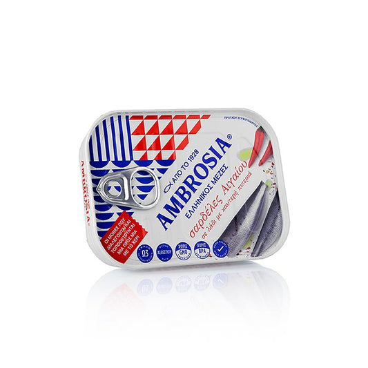 Sardines à l'huile piquante de la mer Égée, Ambrosia, 105 g - sardines fraîchement pêchées de grande qualité à l'huile piquante, idéales à déguster en apéritif, dans les salades ou dans les plats préférés