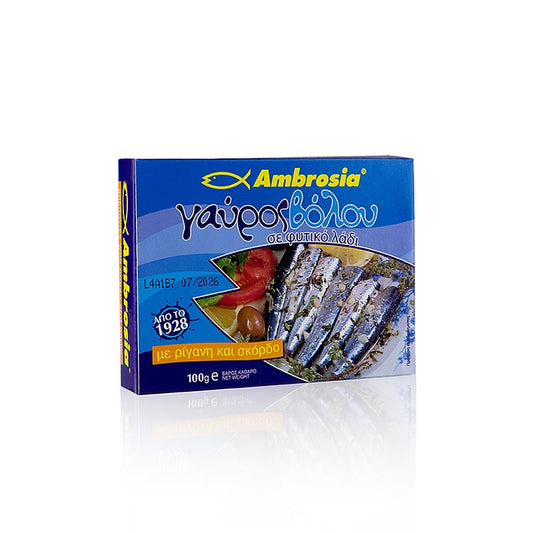 Anchois à l'origan et à l'ail, de la mer Égée, Ambrosia, 100 g - Délicatesse de haute qualité à base d'anchois les plus fins, d'origan aromatique et d'ail épicé, parfait en entrée, dans les salades ou les pâtes, pour une authentique expérience gustative méditerranéenne