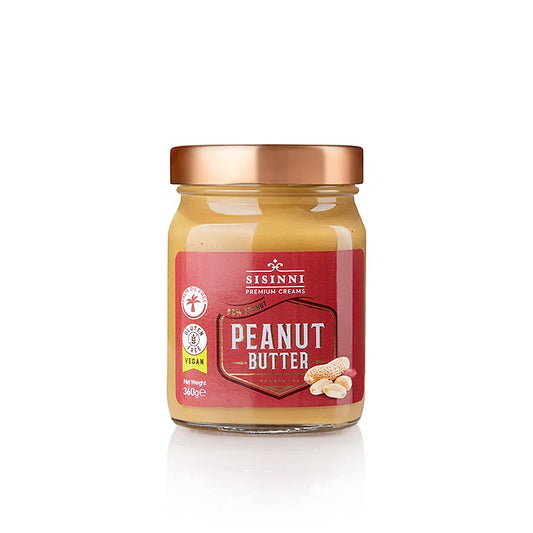 Paquet de 360 grammes de beurre de cacahuètes Sisinni, fabriqué artisanalement à partir de cacahuètes grillées, sans huiles ni conservateurs ajoutés, idéal pour tartiner sur du pain, dans des pâtisseries ou comme trempette.