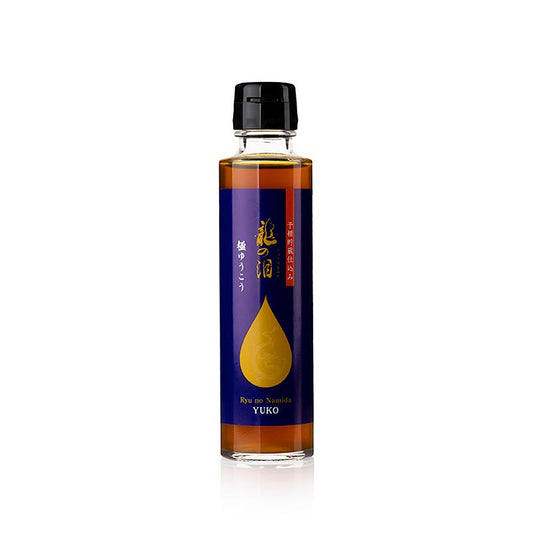 Ryu no Namida - Larmes du dragon, Yuko Ponzu, Kappoutoshi, Japon, 150 ml - Une élégante bouteille de 150 ml contenant une sauce spéciale exclusive Yuko Ponzu, préparée selon une recette japonaise traditionnelle et avec un équilibre parfait d'agrumes et de sauce soja, polyvalente et incontournable pour les amateurs de cuisine japonaise.