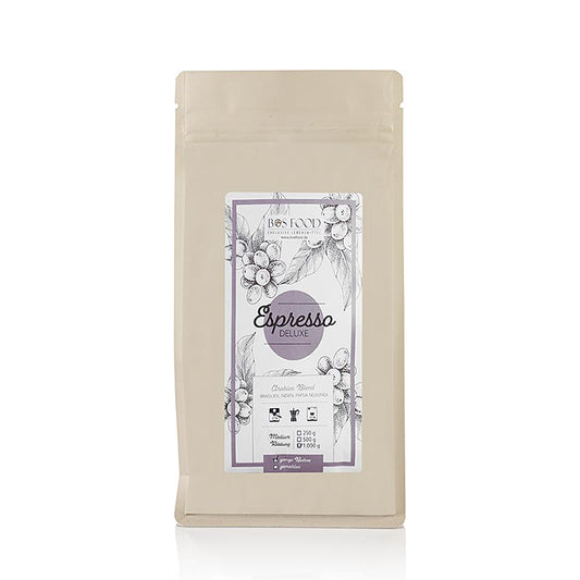 Chef Food - Espresso Deluxe, mélange de café Arabica, grains entiers, 1 kg : mélange de café Arabica raffiné au goût intense et à la crème veloutée, emballé en grains entiers pour une fraîcheur optimale
