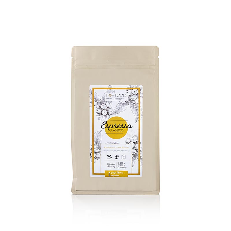 Chef Food - Espresso Classico, mélange de café avec 20% de robusta, FERME, 500 g : un mélange de café de qualité supérieure au goût intense avec 20% de grains de robusta, idéal pour de délicieuses boissons à base d'espresso à la maison.