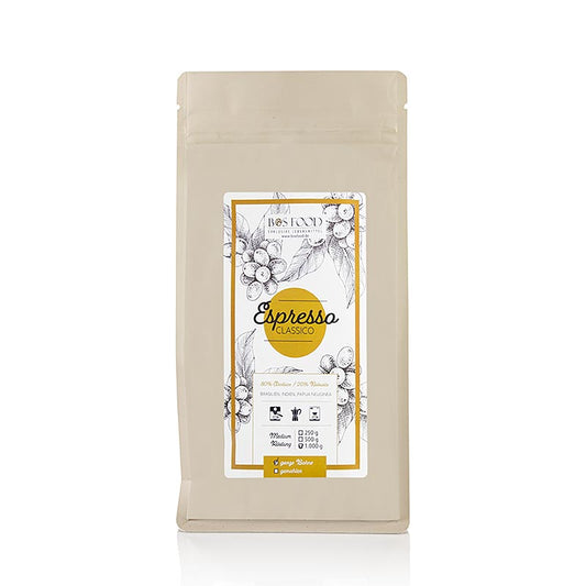 Sachet hermétique de 1 kg contenant un mélange de café artisanal avec 20% de grains de robusta pour un espresso riche et équilibré de Chef Food