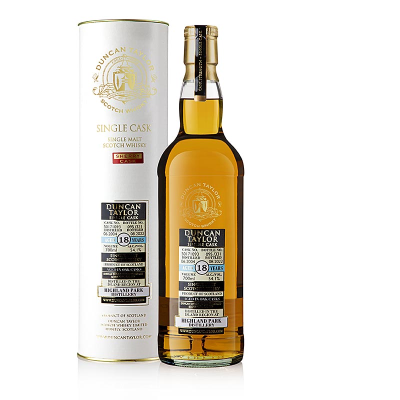 Une image d'une bouteille de whisky single malt Duncan Taylor Highland Park 18 J, 54,1 % vol, Orkney, 700 ml, de l'île des Orcades, à la couleur dorée et à l'étiquette élégante