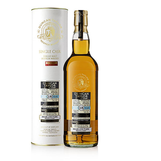 Une image d'une bouteille de whisky single malt Duncan Taylor Highland Park 18 J, 54,1 % vol, Orkney, 700 ml, de l'île des Orcades, à la couleur dorée et à l'étiquette élégante