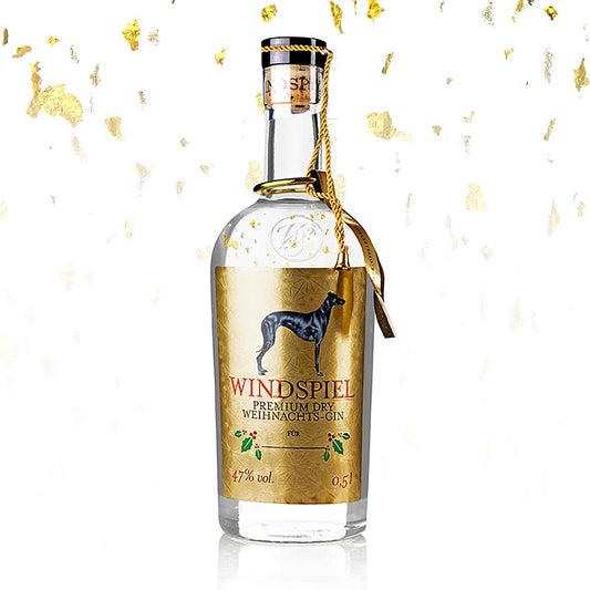 Bouteille de Windspiel Weihnachts Dry Gin, 47% vol, Eifel, article de saison, 500ml, sur fond blanc