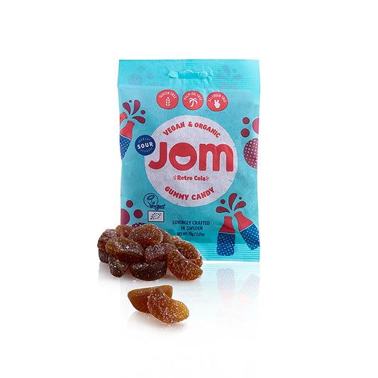 JOM - Bonbons gélifiés Retro Cola acidulés, végétaliens, BIO, 70 g - Délicieux bonbons gélifiés Retro Cola végétaliens et biologiques au goût authentique de cola, fabriqués à partir d'ingrédients naturels sans colorants ni arômes artificiels, parfaits pour un en-cas responsable
