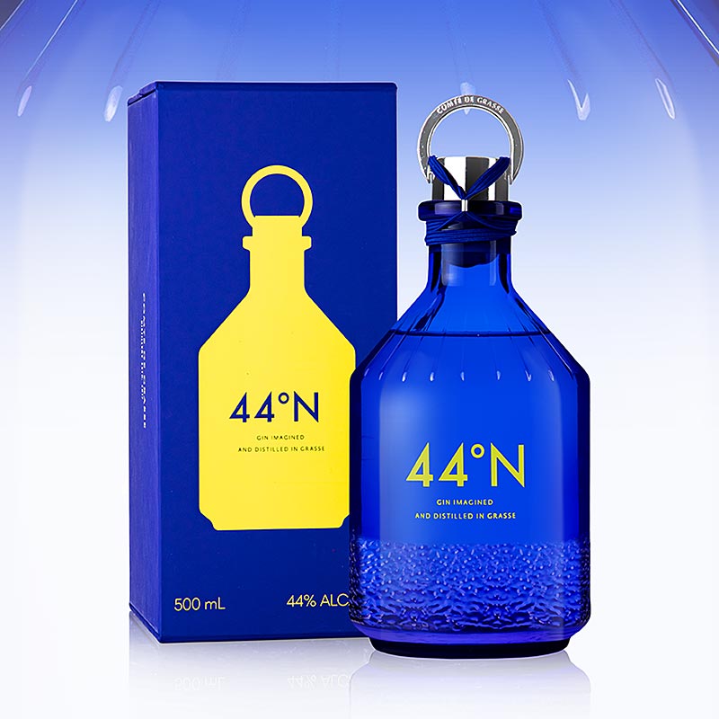 Bouteille de gin Comte de Grasse, 44° N, 44 % vol, 500 ml, au design élégant et à l'étiquette dorée