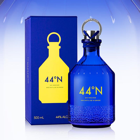 Bouteille de gin Comte de Grasse, 44° N, 44 % vol, 500 ml, au design élégant et à l'étiquette dorée