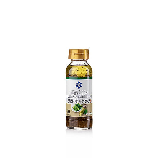 Bouteille de 145 ml de vinaigrette à la feuille de moutarde Shinshu et au wasabi, Shizen Okoku, sur fond blanc
