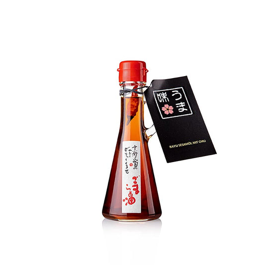 Huile de sésame grillée au piment de Yamada, donne de la profondeur et du piquant aux plats